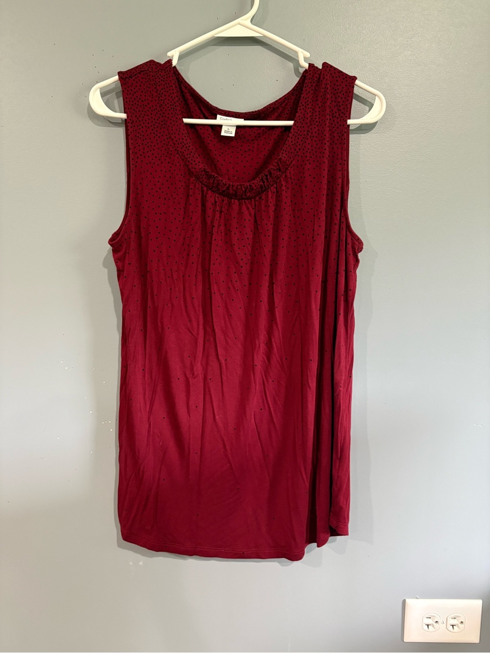 Croft & Barrow Womens Tank Top Size Large Burgundy Polka Dot Ruched Neck Rayon